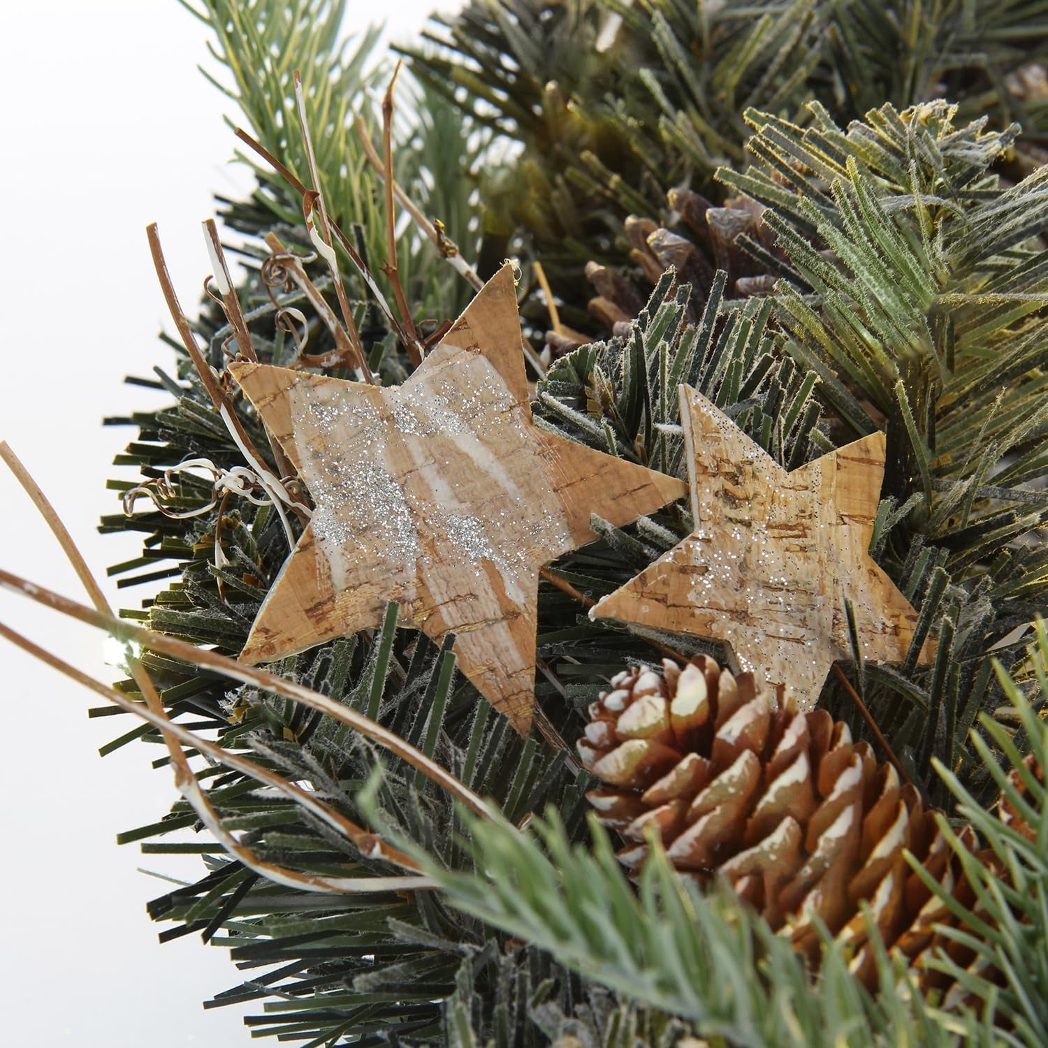 Christmas Wreath 20" Christmas Front Door Wreath with Pinecone Wood Stars Artificial Hanging Wreath for Xmas Home Room Wall Fireplaces Indoor/Outdoor Porch Winter Decor