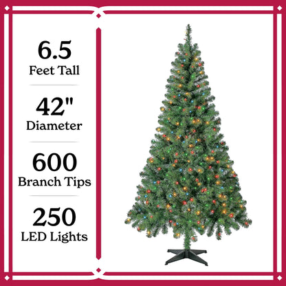 6.5 Ft Pre-Lit Madison Pine Artificial Christmas Tree with 250 Color-Changing LED Lights and Stand, by