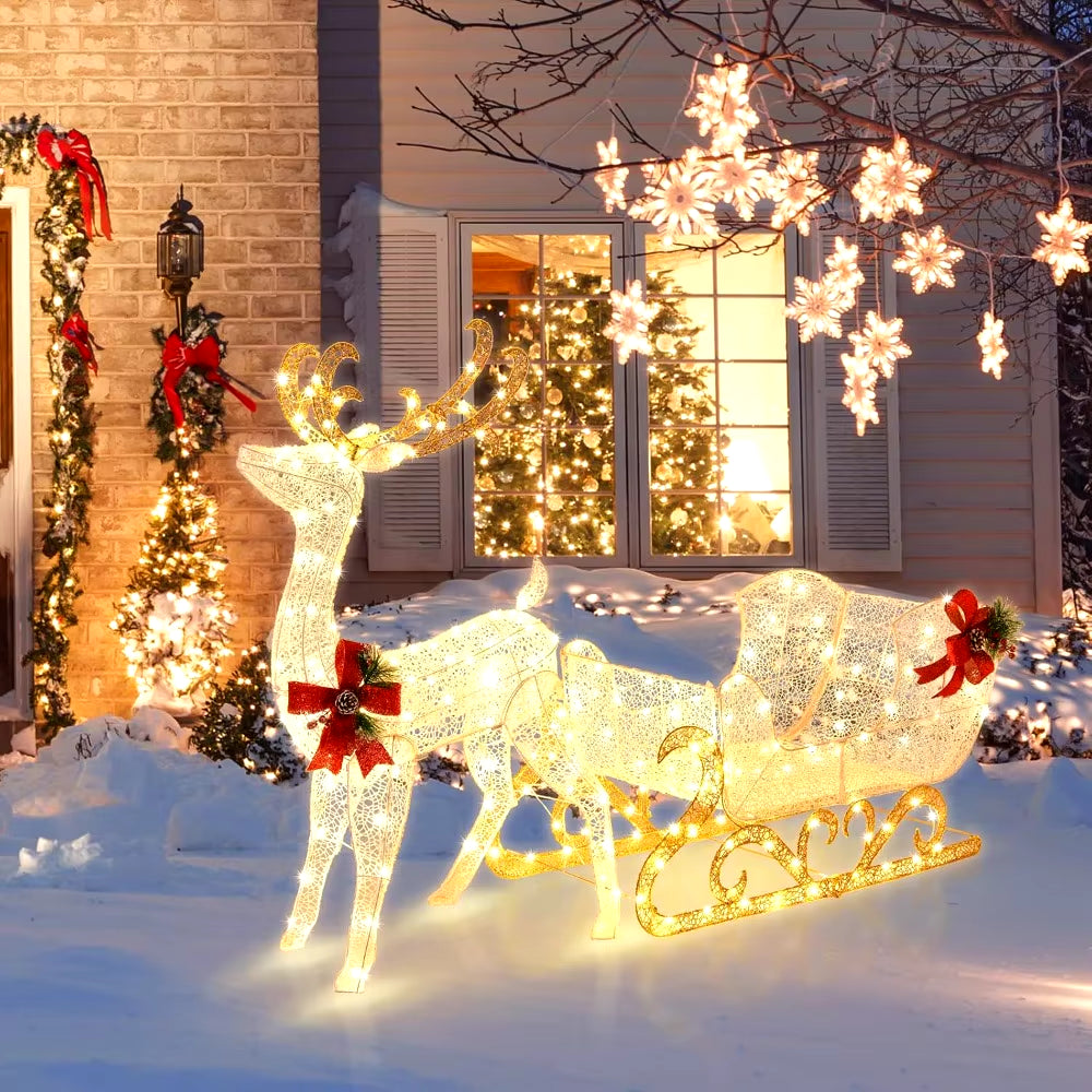 6 FT Christmas Lighted Reindeer & Santa’S Sleigh, Xmas Lighted Outdoor Yard Decoration W/ 215 LED Lights & 4 Ground Stakes