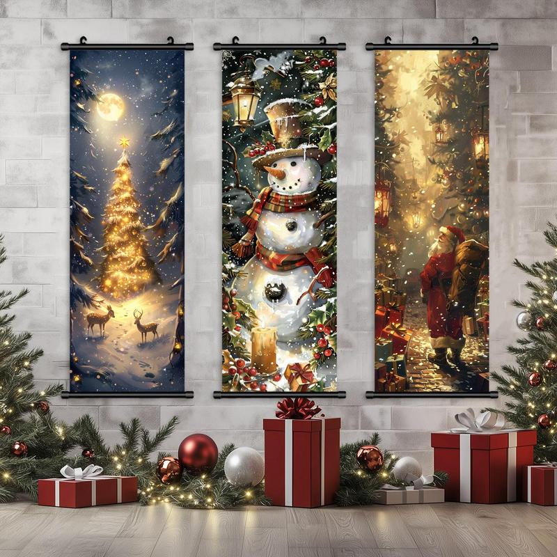 Christmas Themed Wall Banner, 3 Counts/Set Snowman & Tree & Santa Claus Pattern Wall Decor, Wall Art for Home Living Room Bedroom Decor