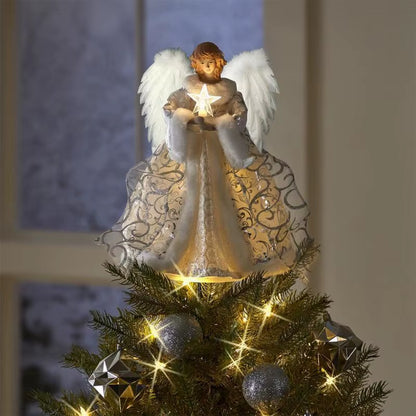 Christmas Tree Decoration Golden Angel Dolls Tree Top Star LED Glowing Pendant Christmas Tree Top Decoration Holiday Party Decor