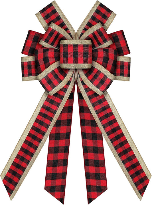 Christmas Bow Large Buffalo Plaid Bow Christmas Wreath Bow Xmas Checkered Bow Holiday Christmas Bows for Christmas Tree Crafts DIY Bow Decoration(Red and Black, 11.4 X 20.9 Inches)