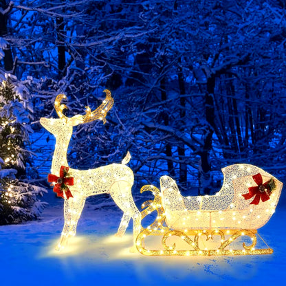 6 FT Christmas Lighted Reindeer & Santa’S Sleigh, Xmas Lighted Outdoor Yard Decoration W/ 215 LED Lights & 4 Ground Stakes