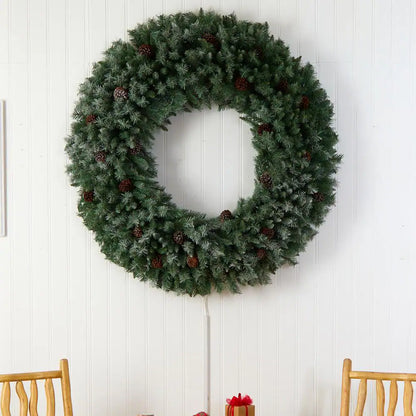 60 In. Prelit LED Giant Flocked Artificial Christmas Wreath with Pinecones, 400 Clear LED Lights