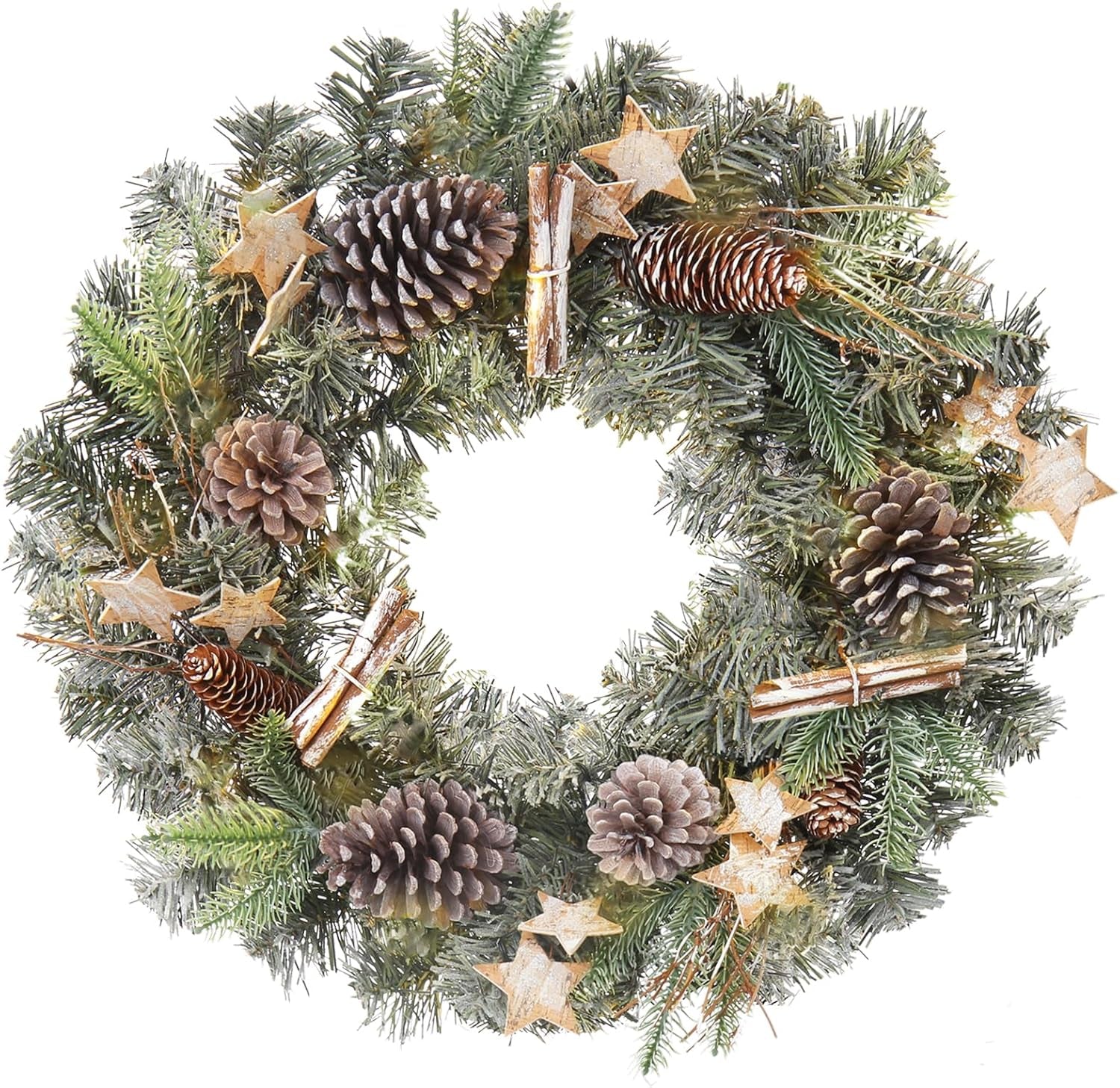 Christmas Wreath 20" Christmas Front Door Wreath with Pinecone Wood Stars Artificial Hanging Wreath for Xmas Home Room Wall Fireplaces Indoor/Outdoor Porch Winter Decor