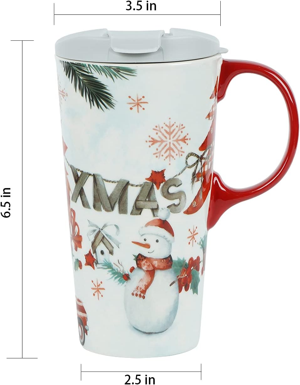 Christmas Ceramic Travel Mug Porcelain Coffee Cup with Spill-Proof Lid and Box, 17 Oz. Snowman Xmas Mugs