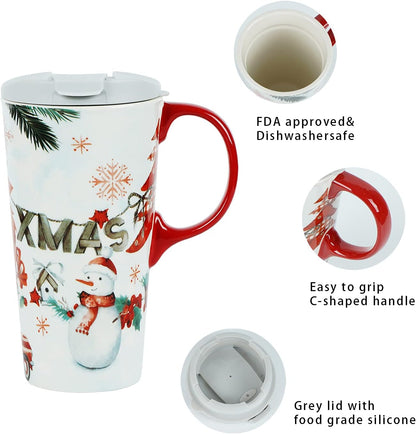 Christmas Ceramic Travel Mug Porcelain Coffee Cup with Spill-Proof Lid and Box, 17 Oz. Snowman Xmas Mugs