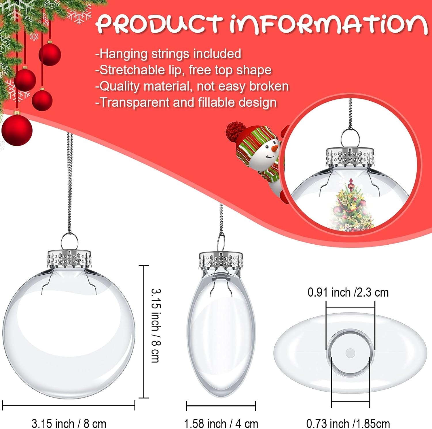 3.15 Inch Clear Christmas Ornament Discs Plastic Fillable Hanging Ornaments Balls DIY Transparent Christmas Ornaments Balls for Christmas Tree Crafting Wedding Home (Silver,24 Pieces)