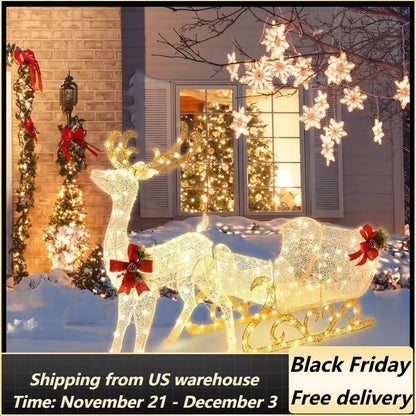 6 FT Christmas Lighted Reindeer & Santa’S Sleigh, Xmas Lighted Outdoor Yard Decoration W/ 215 LED Lights & 4 Ground Stakes