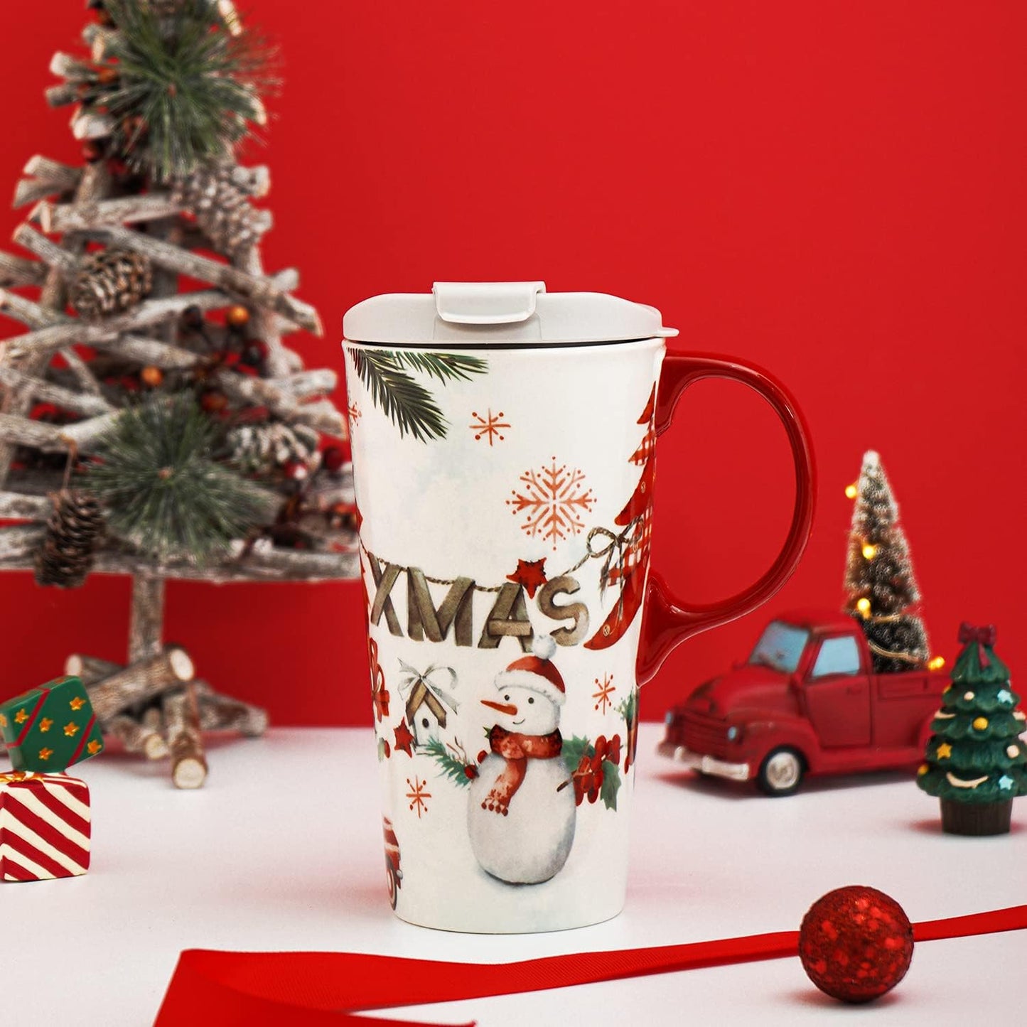 Christmas Ceramic Travel Mug Porcelain Coffee Cup with Spill-Proof Lid and Box, 17 Oz. Snowman Xmas Mugs