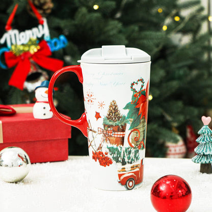 Christmas Ceramic Travel Mug Porcelain Coffee Cup with Spill-Proof Lid and Box, 17 Oz. Snowman Xmas Mugs