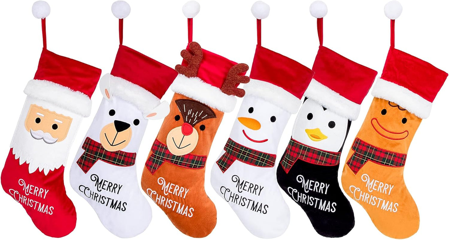 Christmas Stockings Set of 6 20.5” Large Xmas Stocking Velvet Luxury Classic Hanging Ornament Decorations for Family Holiday Season Decor