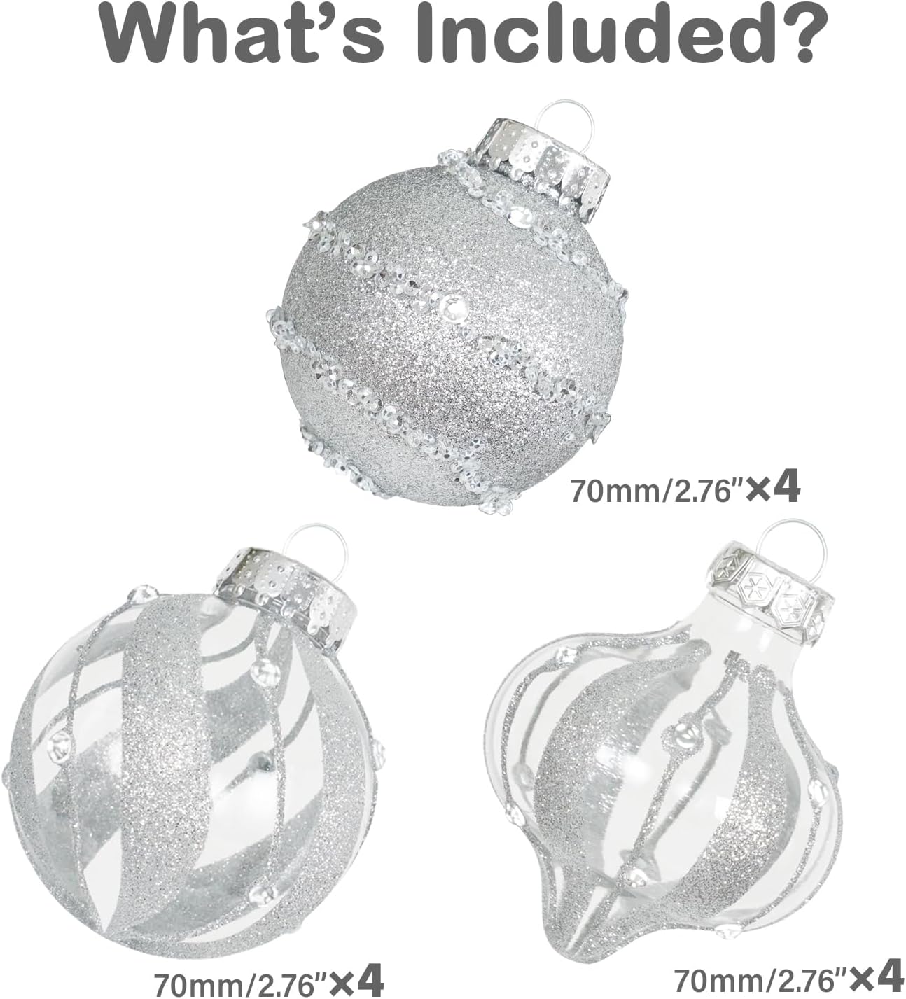 Christmas Ball Ornaments Set-70Mm/2.76" Silver Large Shatterproof Clear Glitter Pastic Christmas Ball Xmas Tree Decoration Delicate Hanging Ornament (12 Counts,Diamond Silver)