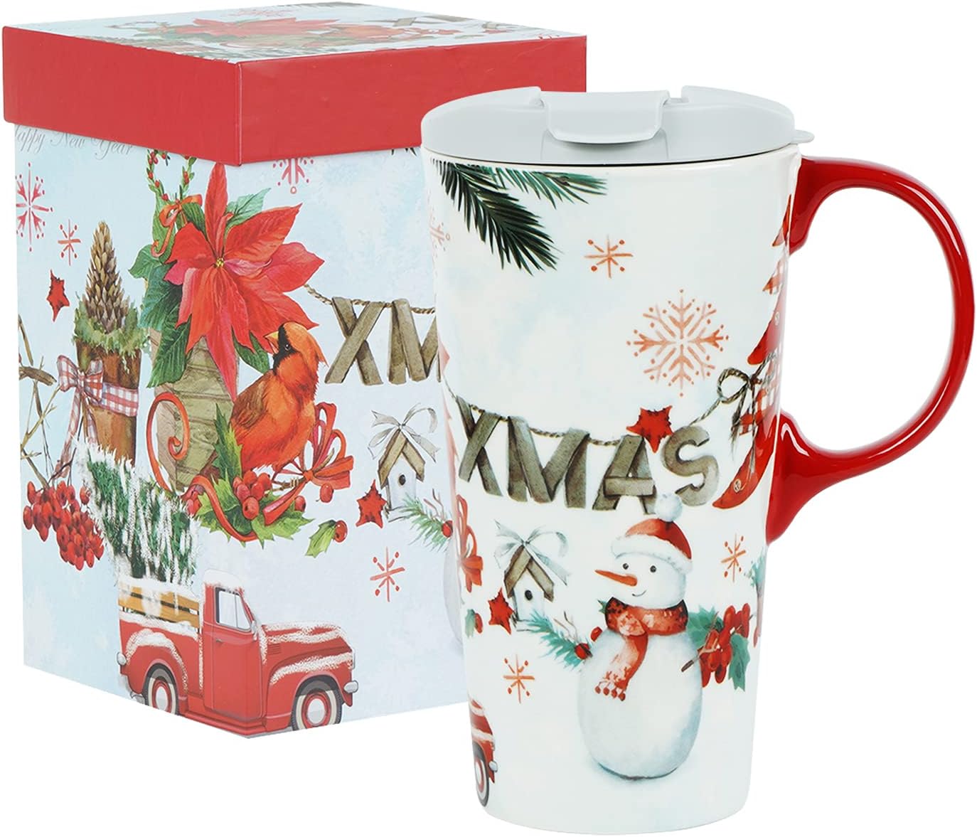 Christmas Ceramic Travel Mug Porcelain Coffee Cup with Spill-Proof Lid and Box, 17 Oz. Snowman Xmas Mugs