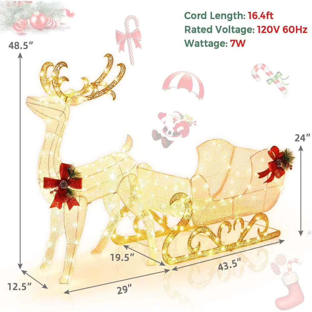 6 FT Christmas Lighted Reindeer & Santa’S Sleigh, Xmas Lighted Outdoor Yard Decoration W/ 215 LED Lights & 4 Ground Stakes