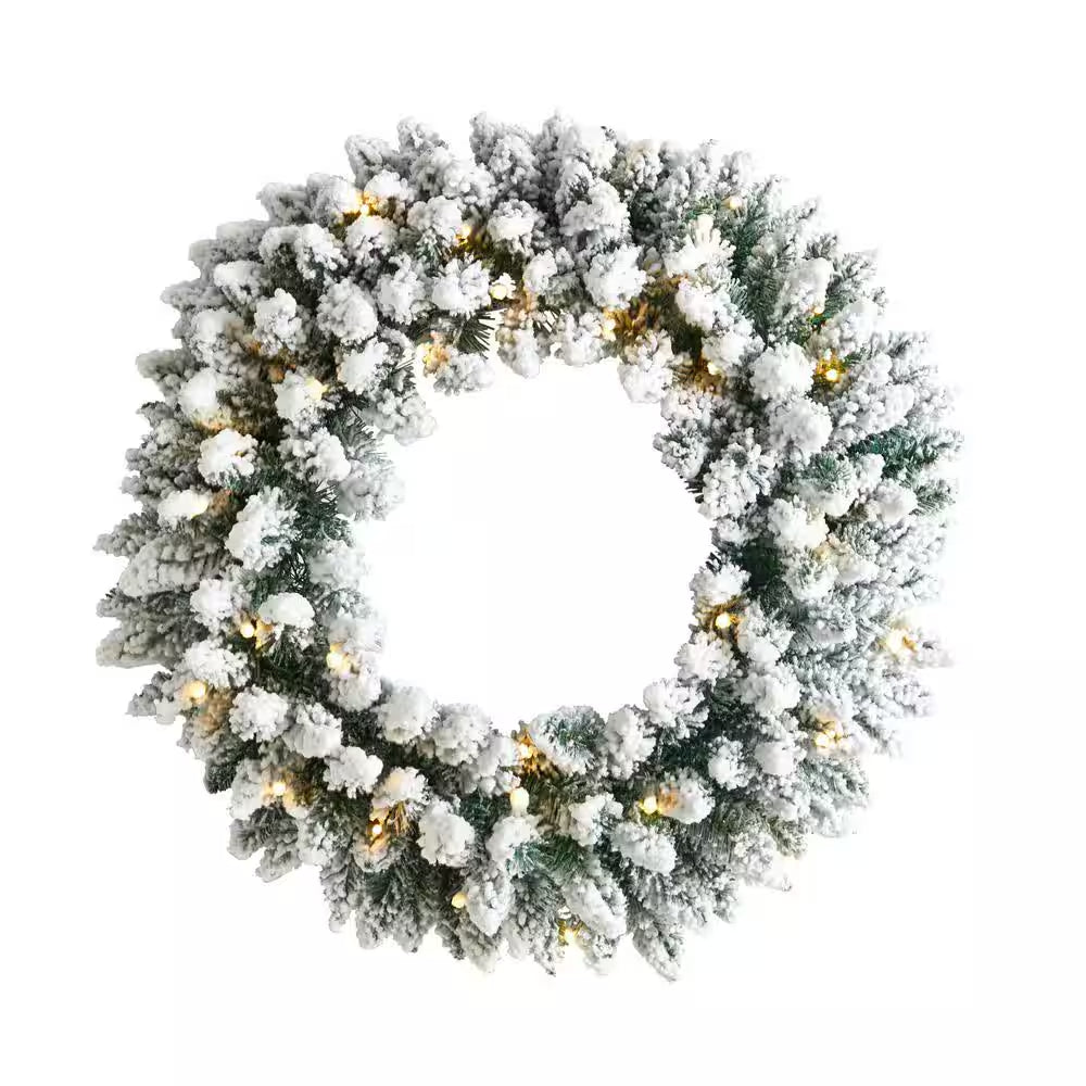 24 In. Prelit LED Flocked Artificial Christmas Wreath with 160 Bendable Branches and 35 Warm White LED Lights