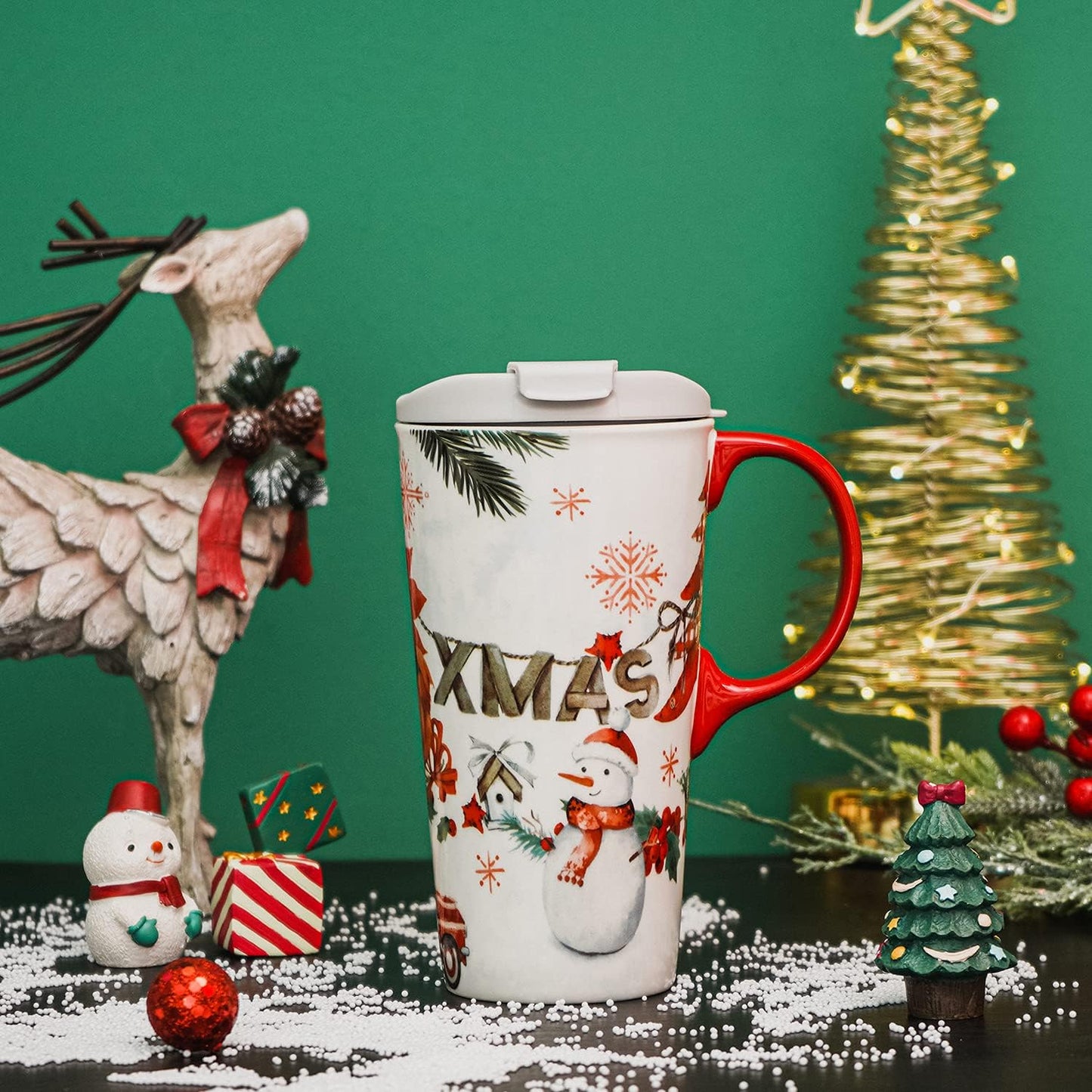 Christmas Ceramic Travel Mug Porcelain Coffee Cup with Spill-Proof Lid and Box, 17 Oz. Snowman Xmas Mugs