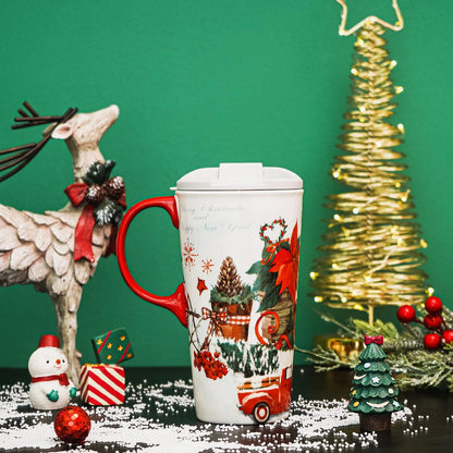 Christmas Ceramic Travel Mug Porcelain Coffee Cup with Spill-Proof Lid and Box, 17 Oz. Snowman Xmas Mugs