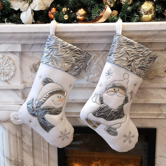 Classic White Silvery Christmas Stockings Set of 2 Santa, Snowman Xmas Character Fireplace Hanging Stockings 17 Inches for Holiday Party Family