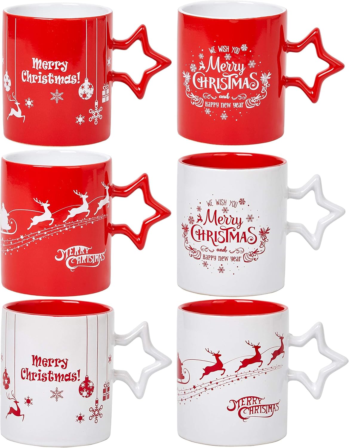 Red and White Funny Coffee Mugs with Star Handle Set of 6 -Large-Sized Mugs 14 Ounce Holidays Novelty Cups, Decorative DIY Cute Coffee Mugs-Hot Chocolate Gift Sets