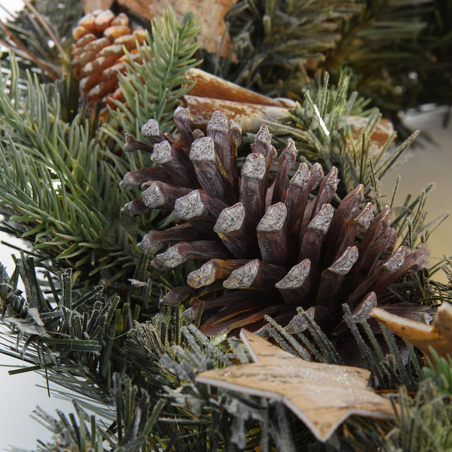 Christmas Wreath 20" Christmas Front Door Wreath with Pinecone Wood Stars Artificial Hanging Wreath for Xmas Home Room Wall Fireplaces Indoor/Outdoor Porch Winter Decor