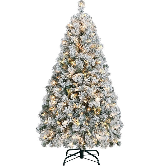 【Warm Light】Yaheetech Pre-Lit Artificial Christmas Tree with Incandescent Warm White Lights, Snow Flocked Full Prelighted Xmas Tree Foldable Stand Decor Decoration Ornaments