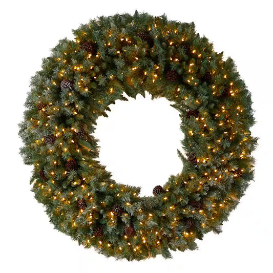 60 In. Prelit LED Giant Flocked Artificial Christmas Wreath with Pinecones, 400 Clear LED Lights