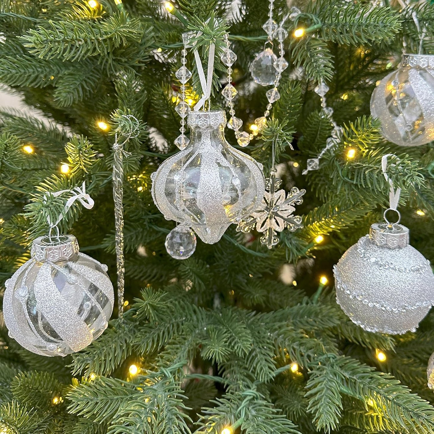 Christmas Ball Ornaments Set-70Mm/2.76" Silver Large Shatterproof Clear Glitter Pastic Christmas Ball Xmas Tree Decoration Delicate Hanging Ornament (12 Counts,Diamond Silver)