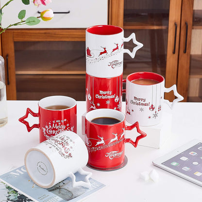 Red and White Funny Coffee Mugs with Star Handle Set of 6 -Large-Sized Mugs 14 Ounce Holidays Novelty Cups, Decorative DIY Cute Coffee Mugs-Hot Chocolate Gift Sets