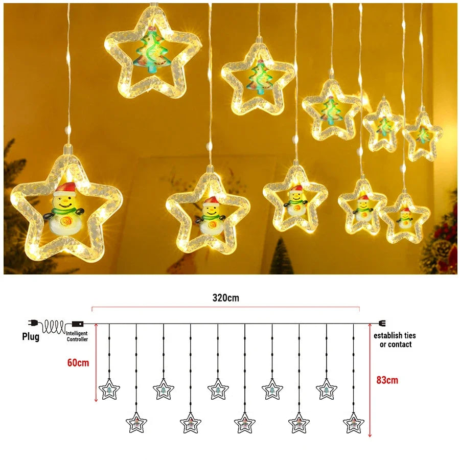 Christmas Star Window Lights Indoor Bedroom Curtain Decor Atmosphere Lamp with Remote LED Christmas Decor Curtain String Lights