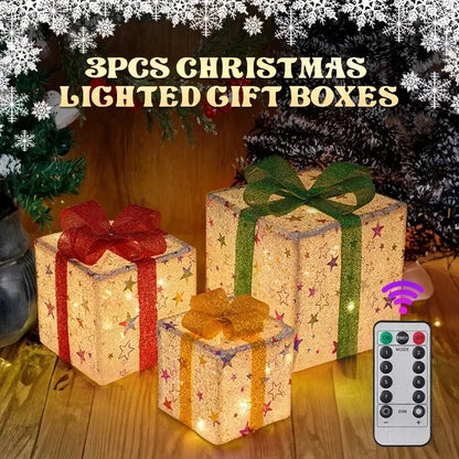 3PCS Christmas Gift Box Christmas Decor Luminous Bow Holiday for Lighted up Christmas Tree Holiday Party Indoor Outdoor Decor