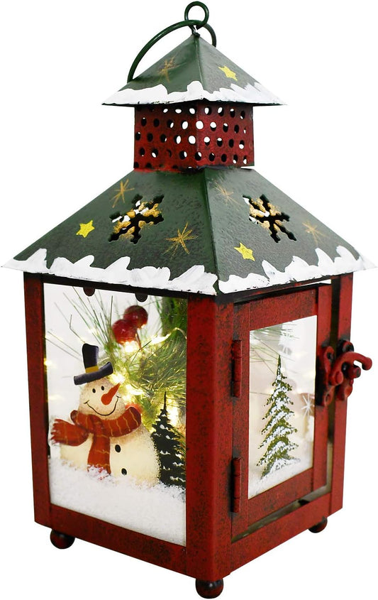 Metal Lantern Christmas Decorations with LED Light Indoor Outdoor Decorative Hanging Lanterns Santa Decor Hand Painted Rustic Metal Glass Small Christmas Lanterns Table Decor Xmas Holiday Party Decor