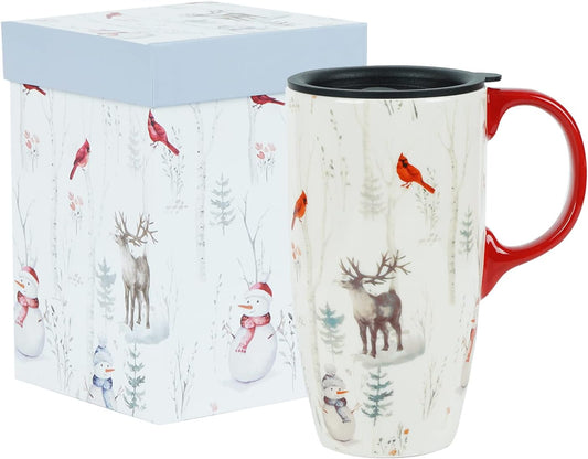 Christmas Ceramic Mug Cardinal Bird Ceramic Travel Mug Porcelain Coffee Cup with Spill-Proof Lid for Holiday Party Christmas Latte Mugs, 17 Oz. Milu Deer and Snowman