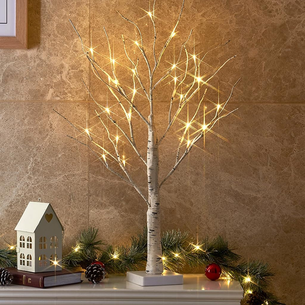 Lighted Tree, White Birch Tree with LED Lights, Prelit Artificial Tree with Timer, Centerpiece Tree Light for Christmas Decorations, Light up Tabletop Tree Home Decor (2 FT, Warm White)