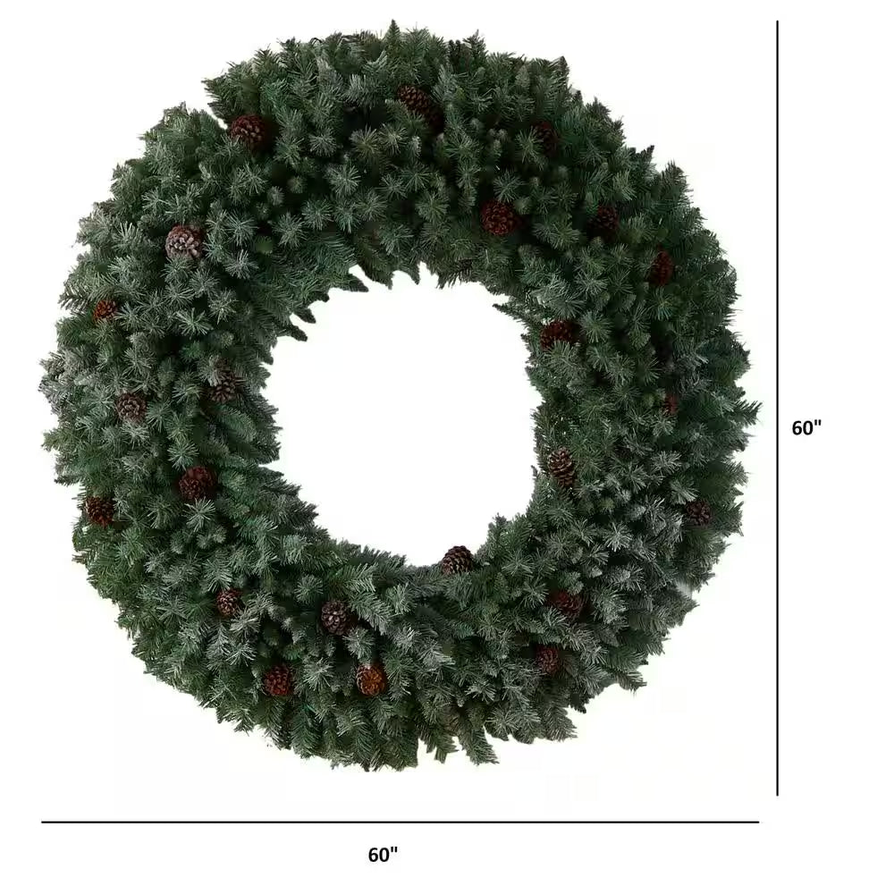 60 In. Prelit LED Giant Flocked Artificial Christmas Wreath with Pinecones, 400 Clear LED Lights