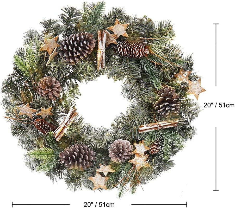 Christmas Wreath 20" Christmas Front Door Wreath with Pinecone Wood Stars Artificial Hanging Wreath for Xmas Home Room Wall Fireplaces Indoor/Outdoor Porch Winter Decor