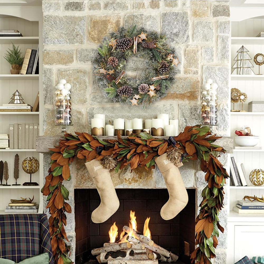 Christmas Wreath 20" Christmas Front Door Wreath with Pinecone Wood Stars Artificial Hanging Wreath for Xmas Home Room Wall Fireplaces Indoor/Outdoor Porch Winter Decor