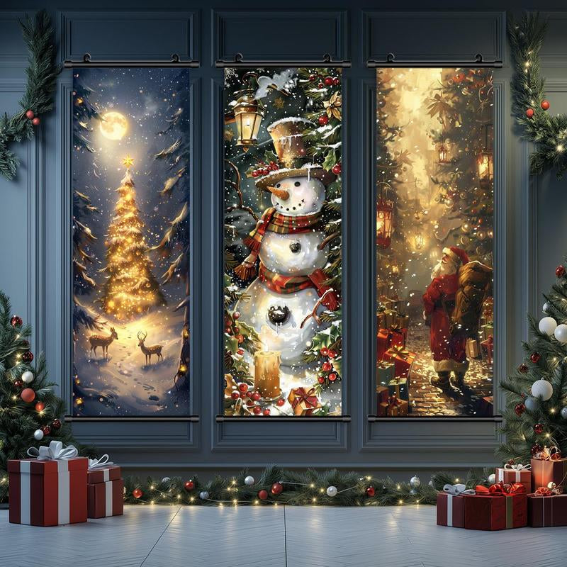 Christmas Themed Wall Banner, 3 Counts/Set Snowman & Tree & Santa Claus Pattern Wall Decor, Wall Art for Home Living Room Bedroom Decor