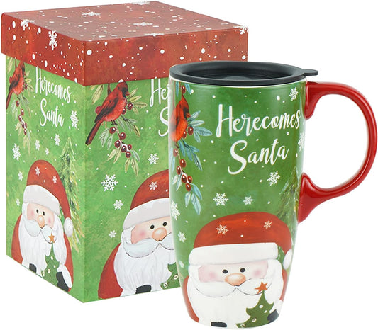 Christmas Ceramic Mug Coffee Cup with Sealed Lid and Gift Box Latte Mug, 17Oz. Here Comes Santa Claus