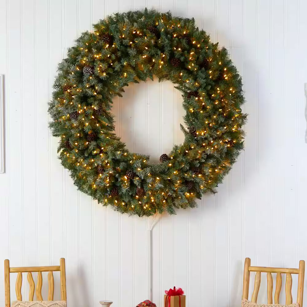 60 In. Prelit LED Giant Flocked Artificial Christmas Wreath with Pinecones, 400 Clear LED Lights