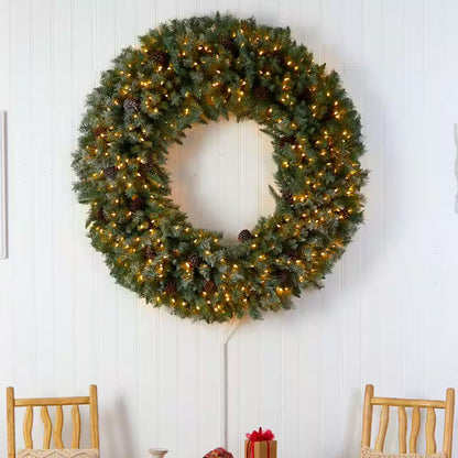 60 In. Prelit LED Giant Flocked Artificial Christmas Wreath with Pinecones, 400 Clear LED Lights