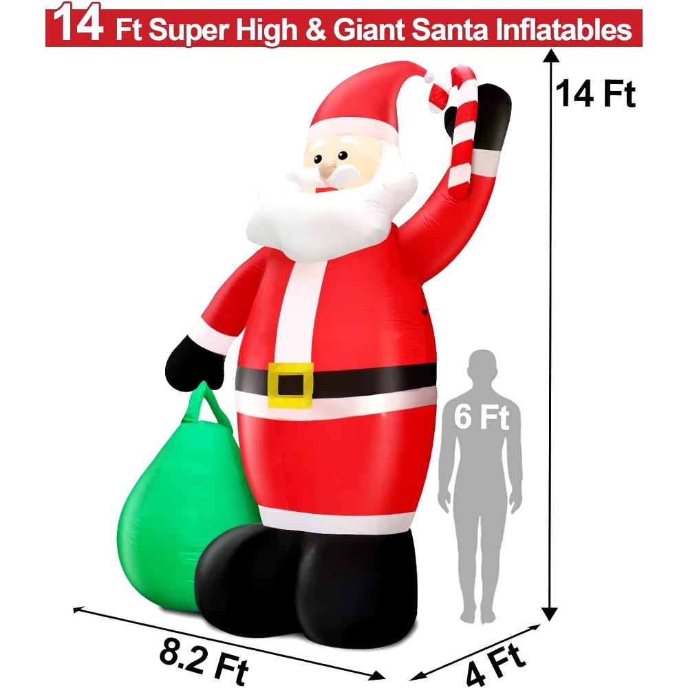 TURNMEON 14 Feet Giant Christmas Inflatable Decorations Outdoor Santa Claus with Gift Bag LED Lighted 11 Stakes 4 Tethers