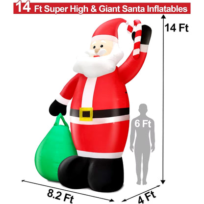 TURNMEON 14 Feet Giant Christmas Inflatable Decorations Outdoor Santa Claus with Gift Bag LED Lighted 11 Stakes 4 Tethers