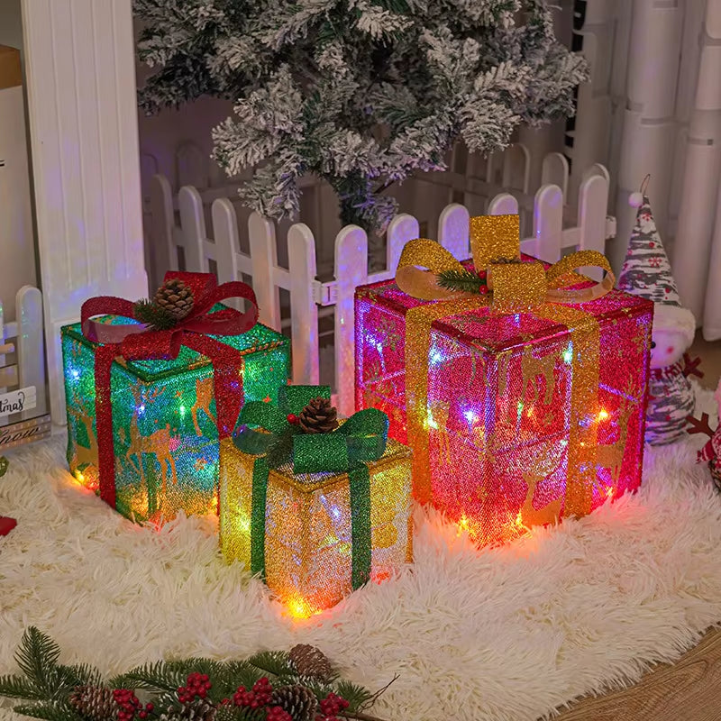 3PCS Christmas Gift Box Christmas Decor Luminous Bow Holiday for Lighted up Christmas Tree Holiday Party Indoor Outdoor Decor