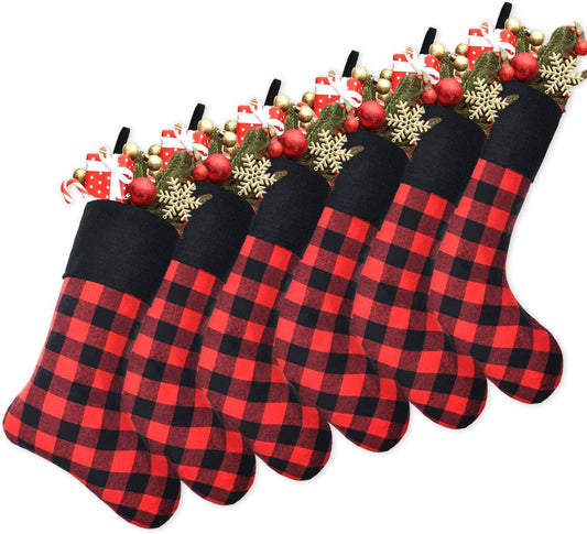 6 Pack Christmas Stockings- 18 Inch Red Black Buffalo Plaid Christmas Stockings with Black Cuff Fireplace Hanging Stockings for Family Christmas Decoration Holiday Season Party Decor