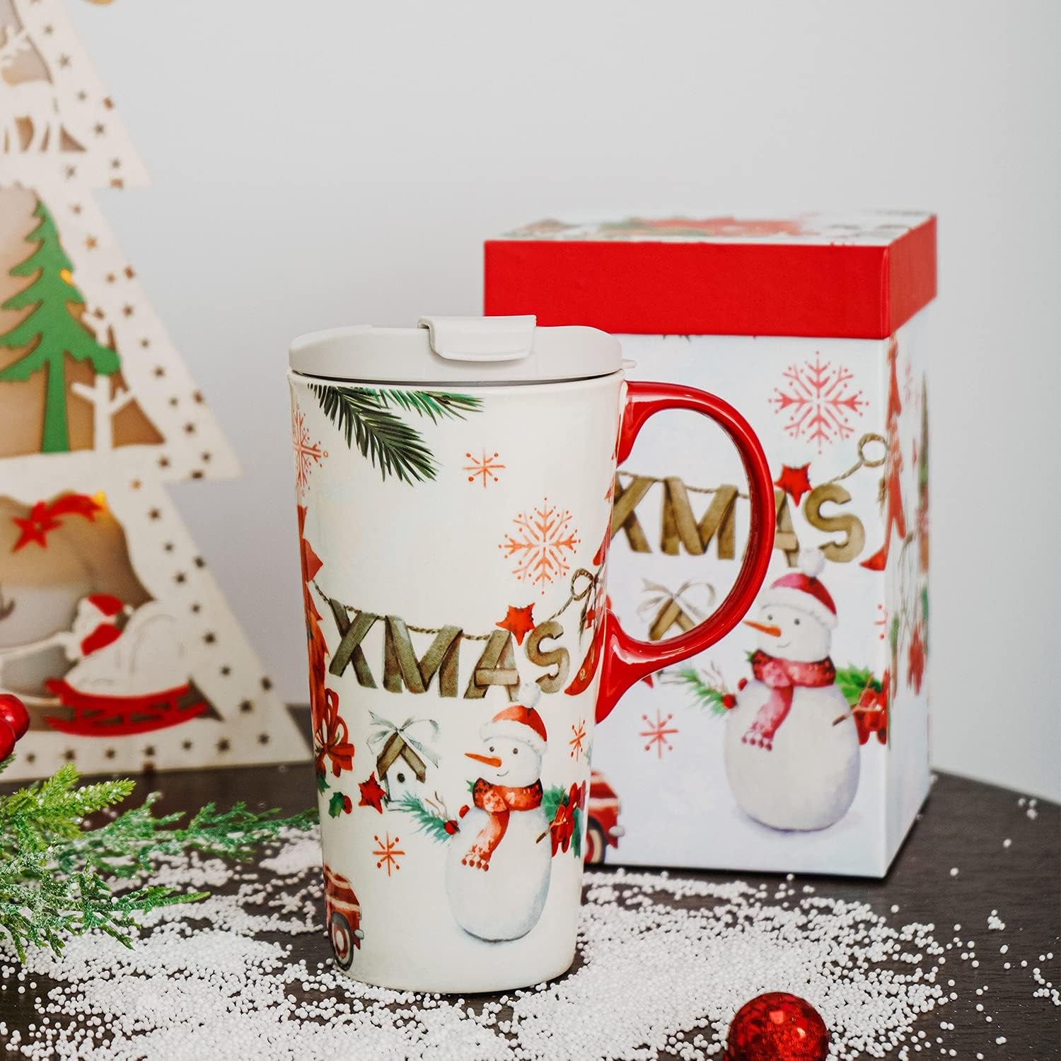 Christmas Ceramic Travel Mug Porcelain Coffee Cup with Spill-Proof Lid and Box, 17 Oz. Snowman Xmas Mugs