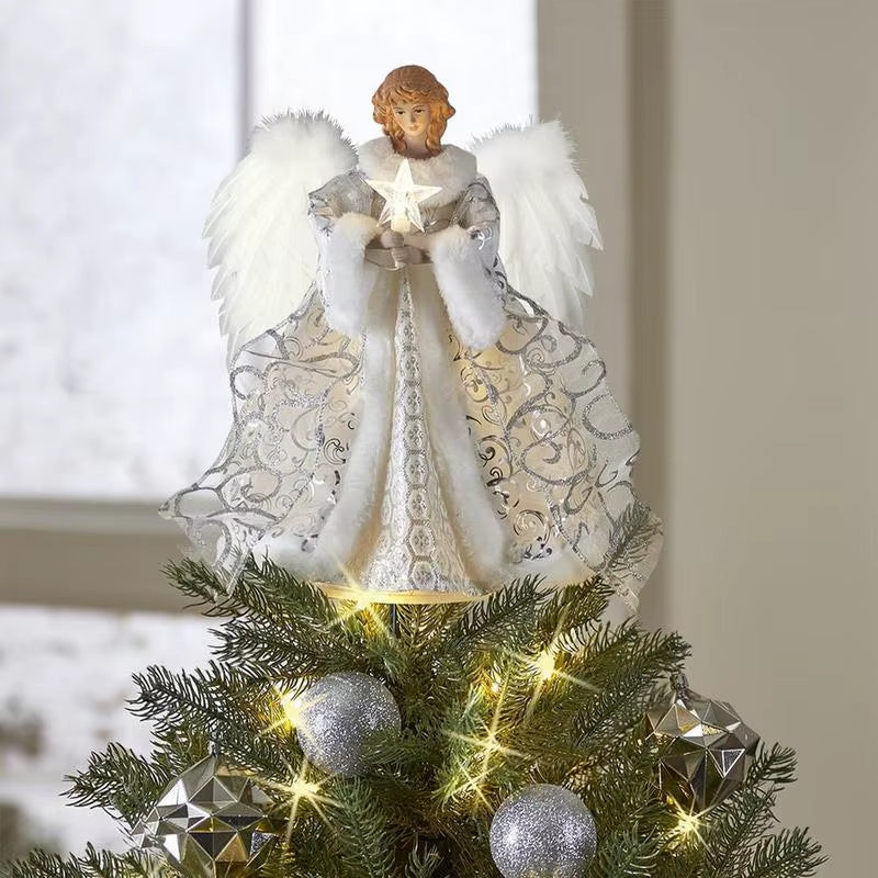 Christmas Tree Decoration Golden Angel Dolls Tree Top Star LED Glowing Pendant Christmas Tree Top Decoration Holiday Party Decor