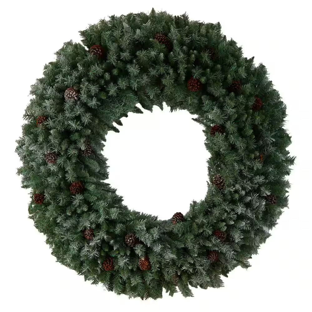 60 In. Prelit LED Giant Flocked Artificial Christmas Wreath with Pinecones, 400 Clear LED Lights