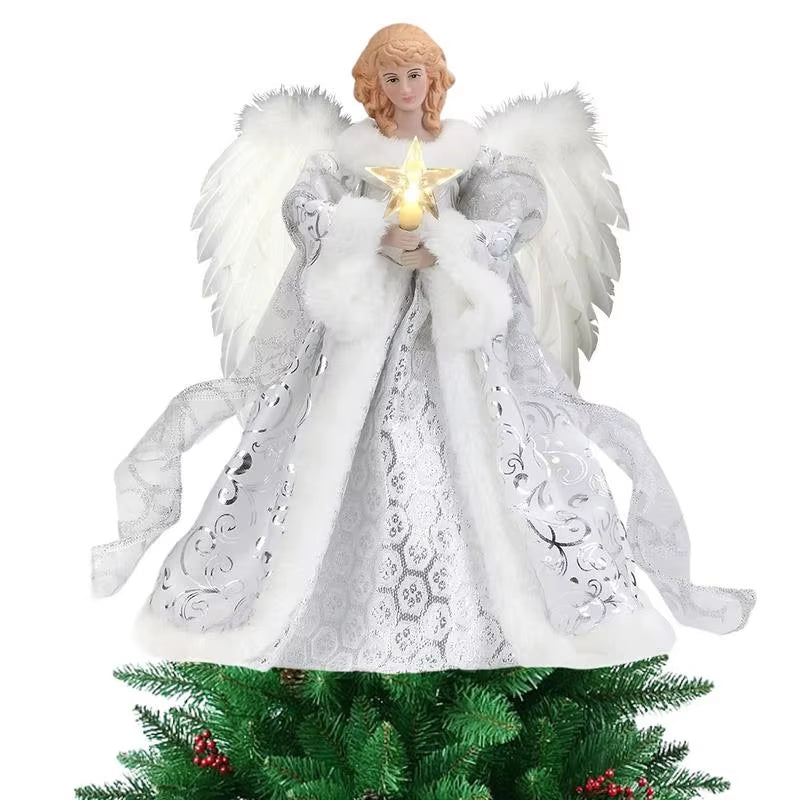 Christmas Tree Decoration Golden Angel Dolls Tree Top Star LED Glowing Pendant Christmas Tree Top Decoration Holiday Party Decor