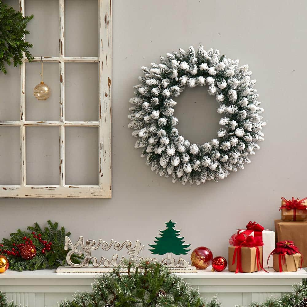 24 In. Prelit LED Flocked Artificial Christmas Wreath with 160 Bendable Branches and 35 Warm White LED Lights